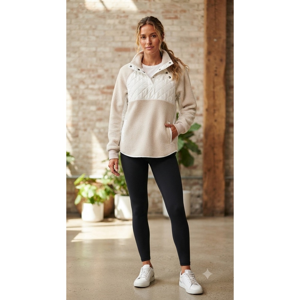 Womens Abercrombie & Fitch Fleece Flannel Cowl Neck Snap Pullover Ivory Large